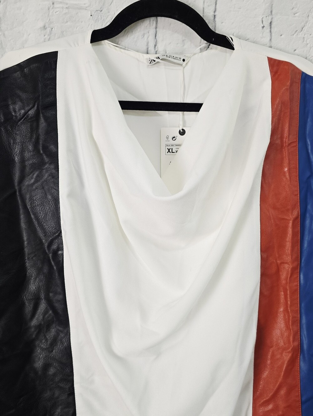 Zara colorblock mini cowl neck dress Sz XL sleeveless faux leather A2 - Picture 3 of 4
